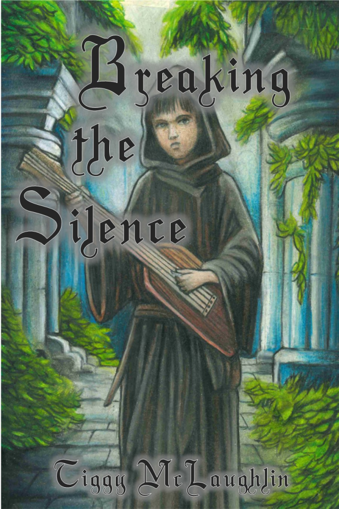 Book cover bearing the title "Breaking the Silence." Image shows a boy in black monks' robes holding a medieval guitar-like instrument called a cythara.